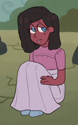 Size: 387x618 | Tagged: safe, artist:greenarsonist, pinkie pie, human, g4, clothes, dark skin, humanized, long skirt, natural eye color, natural hair color, nonbinary, rock farm, sad, sitting, skirt, solo, younger