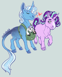 Size: 390x486 | Tagged: safe, artist:owlcoholik, starlight glimmer, trixie, oc, oc:white rabbit, classical unicorn, draconequus, hybrid, pony, unicorn, g4, baby, baby carrier, blaze (coat marking), cloven hooves, coat markings, cropped, draconequus oc, facial markings, female, gray background, hoers, horn, interspecies offspring, leonine tail, lesbian, offspring, parent:discord, parent:starlight glimmer, parent:trixie, parents:trixcord, ship:startrix, shipping, simple background, unshorn fetlocks