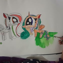 Size: 1080x1080 | Tagged: safe, artist:bellas.den, oc, oc only, alicorn, pegasus, pony, alicorn oc, braid, duo, horn, pegasus oc, traditional art, wings