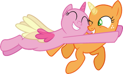 Size: 1489x899 | Tagged: safe, artist:pegasski, oc, oc only, alicorn, pony, fame and misfortune, g4, alicorn oc, bald, base, duo, eyelashes, female, flying, freckles, grin, horn, hug, mare, one eye closed, simple background, smiling, transparent background, two toned wings, wings, wink