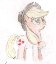 Size: 979x1121 | Tagged: safe, artist:wrath-marionphauna, applejack, earth pony, pony, g4, applejack's hat, colored pencil drawing, cowboy hat, female, hat, simple background, smiling, solo, traditional art