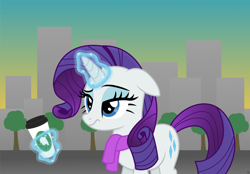 Size: 4722x3286 | Tagged: safe, artist:anime-equestria, rarity, pony, unicorn, g4, city, cityscape, clothes, coffee, coffee cup, cup, eyeshadow, female, glowing horn, horn, levitation, logo, magic, makeup, mare, morning ponies, narrowed eyes, raised eyebrow, scarf, skyline, solo, sunrise, telekinesis, tired, tree