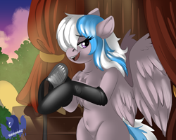Size: 3907x3125 | Tagged: safe, artist:brainiac, derpibooru exclusive, oc, oc only, oc:lady lightning strike, pegasus, semi-anthro, arm hooves, bipedal, clothes, commission, high res, pegasus oc, singing, socks, solo, wings