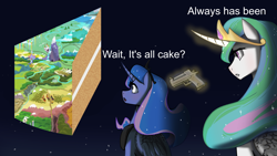 Size: 3840x2160 | Tagged: safe, artist:chopchopguy, editor:smithers888, princess celestia, princess luna, alicorn, pony, g4, 1000 hours in imagemagick, always has been, cake, cakelestia, crossing the memes, equestria, everything is cake, food, gun, high res, imminent death, imminent murder, meme, ponified meme, space, text, wat, weapon