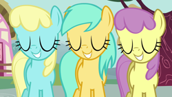 Size: 1280x720 | Tagged: safe, screencap, parasol, sassaflash, sunshower raindrops, pegasus, pony, a friend in deed, g4, eyes closed, female, grin, mare, smile song, smiling, trio