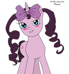 Size: 581x627 | Tagged: safe, artist:wrath-marionphauna, pony, unicorn, blushing, bow, hair bow, makiko, pigtails, ponified, solo, tamagotchi