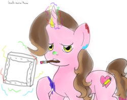 Size: 2000x1577 | Tagged: safe, artist:wrath-marionphauna, oc, oc only, oc:color breezie, pony, unicorn, covered in paint, looking at you, magic, paintbrush, painting, sketch, solo