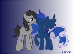 Size: 1064x759 | Tagged: safe, artist:snowmoon333, king sombra, princess luna, alicorn, pony, g4, duo, eyes closed, female, kissing, male, missing horn, ship:lumbra, shipping, straight