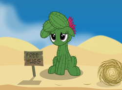 Size: 3028x2238 | Tagged: safe, artist:badumsquish, derpibooru exclusive, oc, oc only, oc:ferah, cactus pony, monster pony, original species, plant pony, pony, cactus, cute, depressing, desert, dunes, female, flower, flower in hair, free hugs, hair bun, hedgehog's dilemma, high res, hugs needed, mare, plant, puppy dog eyes, road, sad, sadorable, sitting, sky, solo, spikes, this will end in pain, tumbleweed