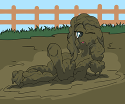 Size: 1200x1000 | Tagged: safe, artist:amateur-draw, pear butter, earth pony, pony, g4, adorasexy, covered in mud, cute, dirty, female, fence, lying down, mare, messy, milf, mud, mud bath, mud wallowing, muddy, one eye closed, pig pen, sexy, solo, wet and messy, wink, winking at you