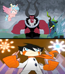 Size: 2912x3328 | Tagged: safe, edit, edited screencap, screencap, cozy glow, lord tirek, queen chrysalis, alicorn, centaur, changeling, changeling queen, human, pony, g4, the ending of the end, alicornified, bow, chiro (srmthfg), comparison, cozycorn, crossover, female, high res, jetix, male, race swap, super robot monkey team hyperforce go!, tail bow, ultimate chrysalis