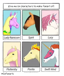 Size: 1080x1290 | Tagged: safe, artist:drxwings._by_.joyyyy, fluttershy, alicorn, earth pony, horse, pegasus, pony, ponyta, unicorn, g4, adventure time, bust, crossover, female, hoers, lady rainicorn, male, mane of fire, mare, pokémon, princess lillifee, she-ra and the princesses of power, six fanarts, spirit (character), spirit: stallion of the cimarron, stallion, swift wind
