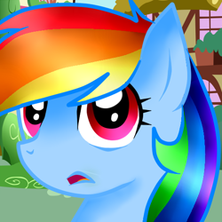 Size: 512x512 | Tagged: safe, artist:raymeddlysun, rainbow dash, pony, g4, digital art, female, looking at you, ponyville, solo, surprised