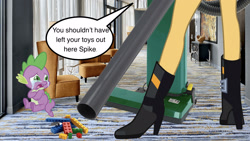 Size: 1920x1080 | Tagged: safe, artist:lsalusky, edit, vector edit, spike, sunset shimmer, dragon, equestria girls, g4, abuse, boots, crying, hallway, high heel boots, hotel, lego, legs, mixed media, pictures of legs, shoes, spikeabuse, vacuum cleaner, vector, wat