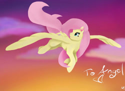 Size: 960x698 | Tagged: safe, artist:totallyadorito, fluttershy, pegasus, pony, g4, cloud, female, flying, large wings, solo, sunset, wings