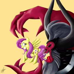 Size: 2449x2449 | Tagged: safe, artist:shadowartbrony, fluttershy, lord tirek, centaur, pegasus, pony, g4, digital art, female, high res, male, mare, scared, tongue out