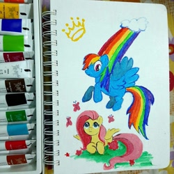 Size: 1080x1080 | Tagged: safe, artist:minieminymin, fluttershy, rainbow dash, butterfly, pegasus, pony, g4, cloud, duo, female, flying, irl, mare, photo, prone, rainbow, traditional art
