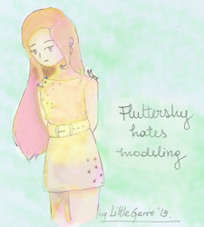 Size: 964x1071 | Tagged: safe, artist:pochychan, fluttershy, human, g4, green isn't your color, clothes, dress, female, humanized, modeling, solo