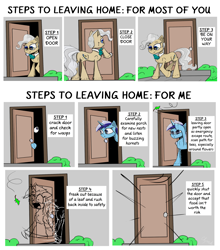 Size: 2500x2837 | Tagged: safe, artist:chopsticks, mayor mare, minuette, earth pony, pony, unicorn, g4, butt, cheek fluff, comic, ear fluff, fear, female, glasses, high res, leaf, mare, plot, scared, scared of nature, text, unshorn fetlocks