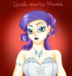 Size: 473x500 | Tagged: safe, artist:wrath-marionphauna, rarity, human, g4, alternate hairstyle, clothes, dress, ear piercing, earring, hair bun, humanized, jewelry, lipstick, makeup, necklace, piercing