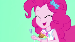 Size: 1920x1080 | Tagged: safe, screencap, pinkie pie, equestria girls, g4, my little pony equestria girls: better together, tip toppings, tip toppings: applejack, cute, diapinkes, eyes closed, female, frozen yogurt, geode of sugar bombs, magical geodes, smiling, solo