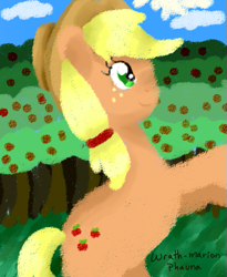 Size: 461x561 | Tagged: safe, artist:wrath-marionphauna, applejack, earth pony, pony, g4, digital art, female, smiling, solo, sweet apple acres