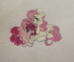 Size: 1080x898 | Tagged: safe, artist:x0x_k1nn13_kw33n_x0x, fluttershy, pinkie pie, earth pony, pegasus, pony, g4, blushing, duo, female, mare, prone, traditional art