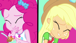 Size: 1920x1080 | Tagged: safe, screencap, applejack, pinkie pie, equestria girls, g4, my little pony equestria girls: better together, tip toppings, tip toppings: applejack, cute, diapinkes, eyes closed, female, geode of sugar bombs, geode of super strength, jackabetes, laughing, magical geodes, smiling