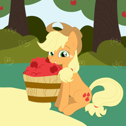 Size: 4000x4000 | Tagged: safe, artist:knight lite, applejack, earth pony, pony, g4, apple, barrel, female, food, looking at you, smiling, smiling at you, solo, sweet apple acres