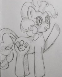 Size: 1080x1350 | Tagged: safe, alternate version, artist:surudoii, pinkie pie, earth pony, pony, g4, female, mare, open mouth, smiling, solo, traditional art, underhoof, waving