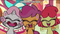 Size: 800x450 | Tagged: safe, edit, edited screencap, screencap, apple bloom, scootaloo, sweetie belle, earth pony, pegasus, pony, unicorn, disappearing act, g4, g4.5, my little pony: pony life, animated, caption, cutie mark crusaders, descriptive noise, excited, eyes closed, female, gif, image macro, smiling, sugarcube corner, text, treehouse logo