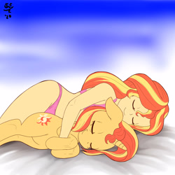 Size: 3000x3000 | Tagged: safe, artist:tomtornados, sunset shimmer, human, pony, unicorn, equestria girls, bed, clothes, cuddling, cute, eyes closed, female, floppy ears, holding a pony, human on pony snuggling, human ponidox, mare, panties, platonic, platonic cuddling, self ponidox, shimmerbetes, sleeping, sleeping together, smiling, snuggling, underwear