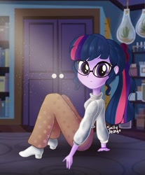 Size: 1536x1856 | Tagged: safe, artist:saltymango, sci-twi, twilight sparkle, equestria girls, g4, alternate clothes, alternate hairstyle, blouse, boots, cute, female, glasses, light, looking at you, ponytail, shoes, sitting, solo, twiabetes