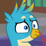 Size: 150x150 | Tagged: safe, edit, edited screencap, screencap, gallus, griffon, g4, animated, blood, cropped, excited, gif, gross, male, nosebleed, reaction image, shocked, shocked expression, shrunken pupils, solo, surprised, wide eyes