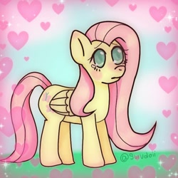 Size: 1080x1080 | Tagged: safe, artist:surudoii, fluttershy, pegasus, pony, g4, blushing, crying, female, frown, heart, mare, outdoors, solo