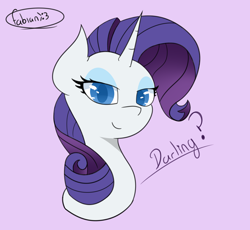 Size: 2500x2300 | Tagged: safe, artist:fabián art, rarity, pony, unicorn, g4, bust, cute, female, high res, looking at you, mare, purple background, raribetes, simple background, solo