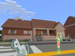 Size: 2048x1536 | Tagged: safe, artist:mrkupkake, artist:topsangtheman, marble pie, sweet leaf, earth pony, pegasus, pony, equestria girls, g4, house, looking at you, minecraft, photoshopped into minecraft, traditional art