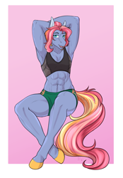 Size: 2733x3934 | Tagged: safe, artist:blackblood-queen, oc, oc only, oc:denim girder, earth pony, anthro, unguligrade anthro, abs, biceps, clothes, commission, digital art, earth pony oc, female, hamstrings, high res, mare, muscles, muscular female, quadriceps, shorts, solo, sports bra, sports shorts, sweat