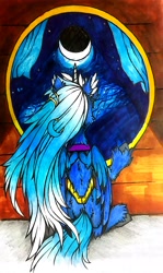 Size: 2200x3680 | Tagged: safe, artist:creature.exist, princess luna, alicorn, pony, g4, crescent moon, high res, moon, night, praying, solo, traditional art, window
