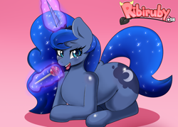 Size: 4200x3000 | Tagged: safe, artist:ribiruby, princess luna, alicorn, pony, anatomically incorrect, candy, cute, dock, female, food, glowing horn, gradient background, high res, horn, lidded eyes, lollipop, looking at you, lunabetes, magic, mare, open mouth, prone, smiling, solo, telekinesis, tongue out, wingless