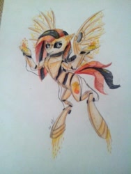 Size: 960x1280 | Tagged: safe, artist:kiwwsplash, oc, oc only, pegasus, pony, robot, robot pony, flying, glowing hooves, pegasus oc, rocket, solo, traditional art, wings