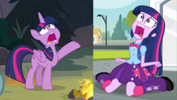 Size: 1280x720 | Tagged: safe, screencap, queen chrysalis, twilight sparkle, alicorn, pony, equestria girls, frenemies (episode), g4, my little pony equestria girls, blouse, bowtie, clothes, comparison, coward, disguise, disguised changeling, fake twilight, skirt, the pathetic princess thing, twilight sparkle (alicorn), twilight's human reaction, twilighting