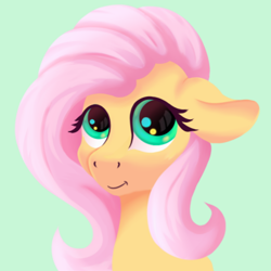 Size: 592x592 | Tagged: safe, artist:nowords, fluttershy, pony, g4, bust, female, floppy ears, green background, looking at you, mare, portrait, simple background, smiling, solo, three quarter view