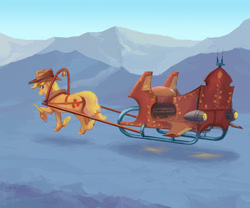 Size: 1200x1000 | Tagged: safe, artist:adeptus-monitus, applejack, earth pony, pony, g4, cowboy hat, female, hat, pulling sleigh, sleigh, snow, solo, wings