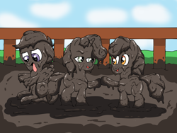 Size: 1200x900 | Tagged: safe, artist:amateur-draw, apple bloom, scootaloo, sweetie belle, earth pony, pegasus, pony, unicorn, g4, covered in mud, cutie mark crusaders, female, fence, filly, hoofbump, mud, muddy, pig pen, tongue out, wet and messy