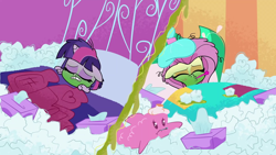 Size: 1920x1080 | Tagged: safe, screencap, fluttershy, twilight sparkle, alicorn, pony, g4.5, my little pony: pony life, sick day, backwards thermometer, bed, green face, hot water bottle, ice pack, plushie, sick, snot, thermometer, tissue, tissue box, twilight sparkle (alicorn)