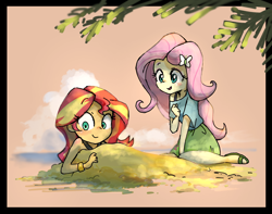 Size: 1900x1500 | Tagged: safe, artist:fuyugi, fluttershy, sunset shimmer, equestria girls, g4, beach, buried in sand, cloud, duo, palm tree, sand, sandals, sleeveless, smiling, tree