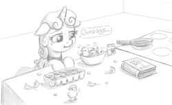 Size: 1257x768 | Tagged: safe, artist:heretichesh, sweetie belle, bird, chicken, pony, unicorn, g4, apron, book, bowl, chick, clothes, cooking, cute, dialogue, dumb fabric, egg, egg carton, egg shells, failure, female, filly, food, frying pan, pepper shaker, sad, salt shaker, sketch, solo, stove, sweetie belle can't cook, sweetie fail, teary eyes, text