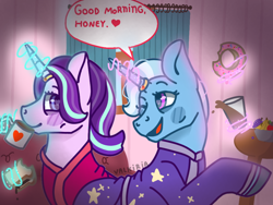 Size: 1024x768 | Tagged: safe, artist:valkiria, derpibooru exclusive, starlight glimmer, trixie, pony, unicorn, g4, bathrobe, clothes, coffee, duo, female, happy, heart, jewelry, lesbian, looking at each other, love, magic, pajamas, ring, robe, ship:startrix, shipping