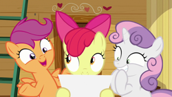 Size: 1920x1080 | Tagged: safe, screencap, apple bloom, scootaloo, sweetie belle, g4, growing up is hard to do, cutie mark crusaders